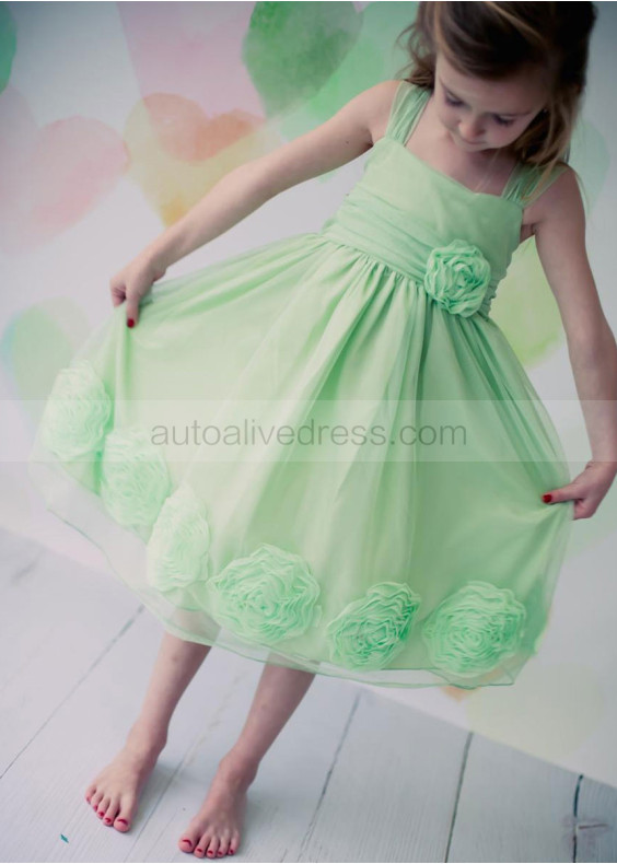 Organza Knee Length Flower Girl Dress With Decorated Flowers